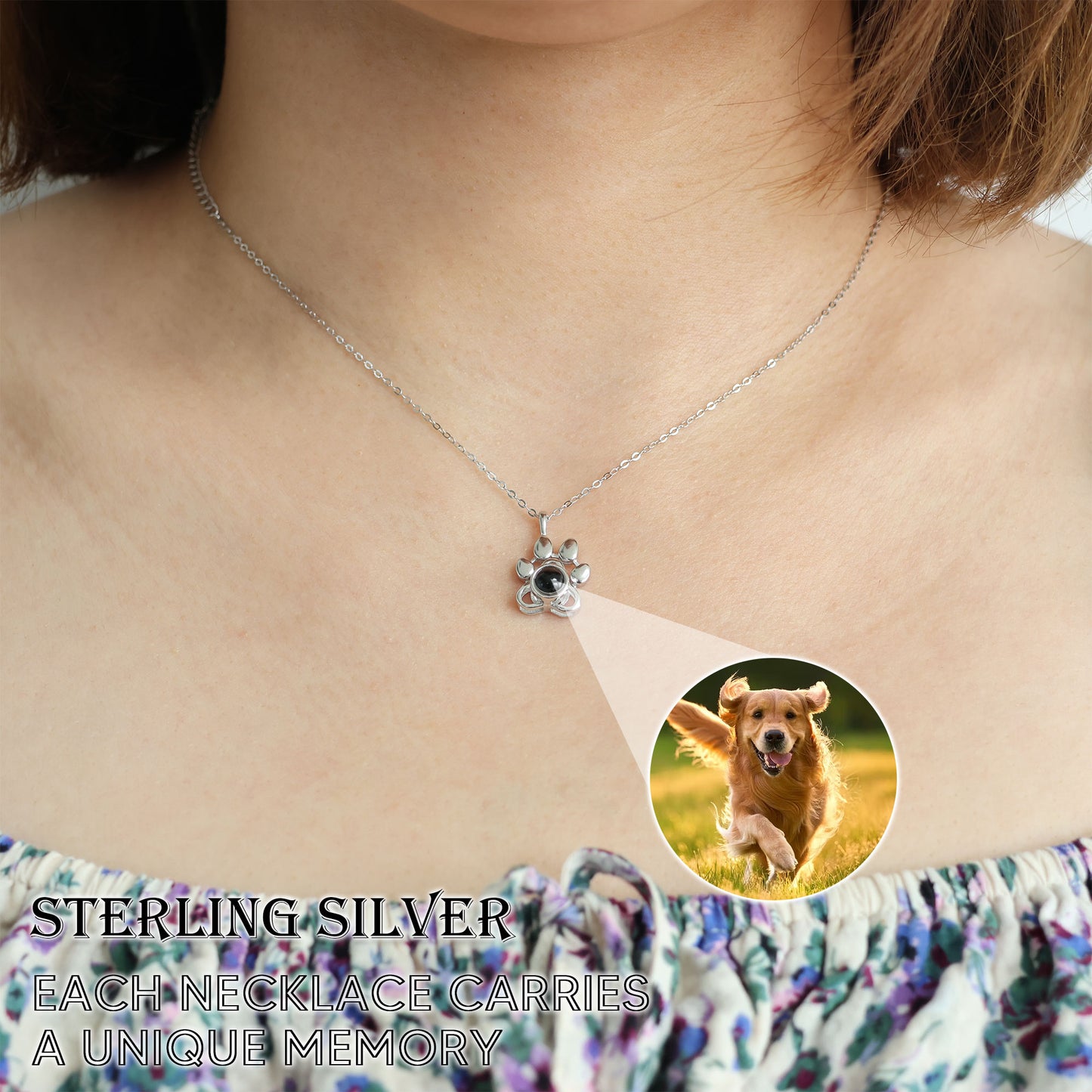 925 Silver Dog Paw Projection Necklace Photo Projection Pet Souvenir