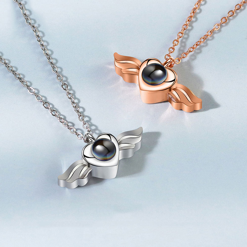 Sterling silver photo love projection necklace angel wings