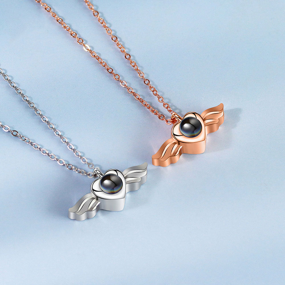 Sterling silver photo love projection necklace angel wings