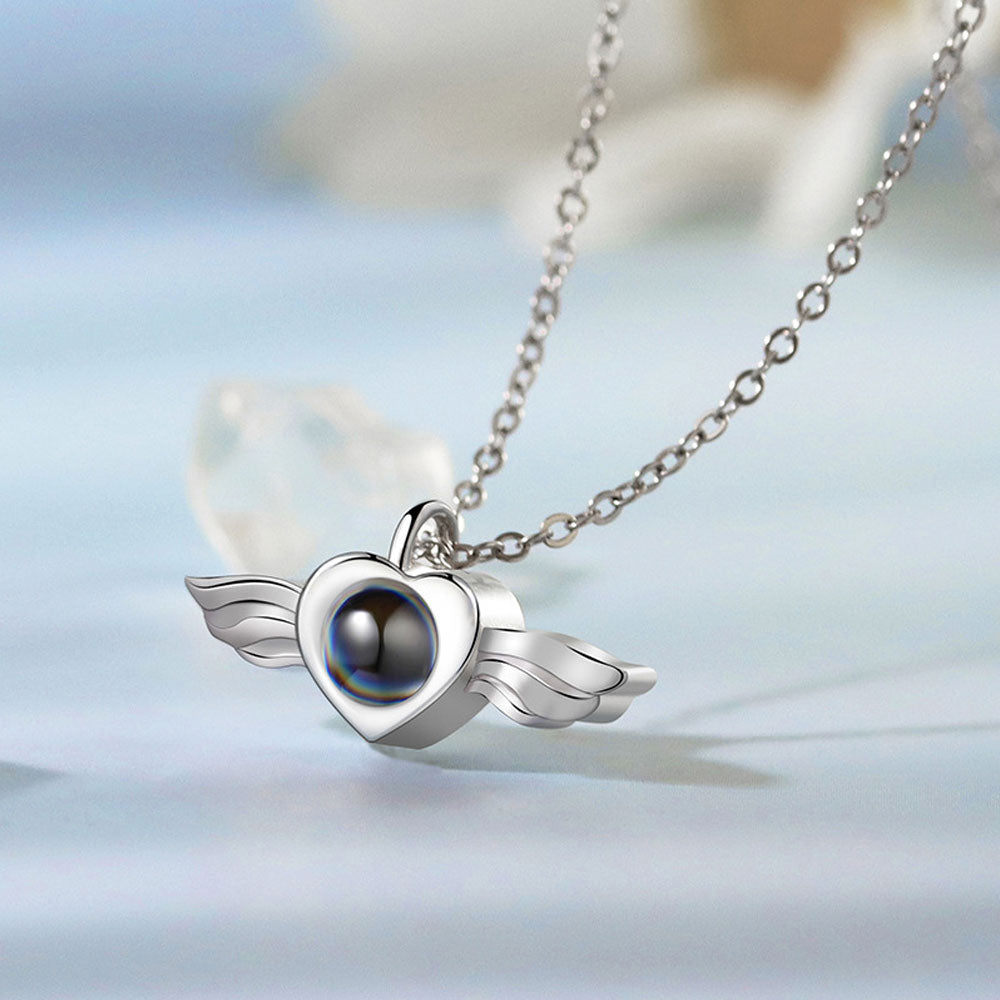 Sterling silver photo love projection necklace angel wings