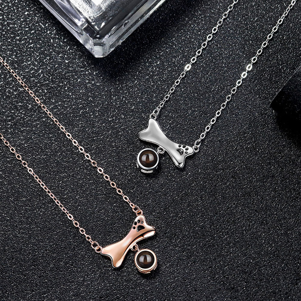 Dog Paw Bone Pet Photo Projection Necklace Sterling Silver Gift for Pet Lovers