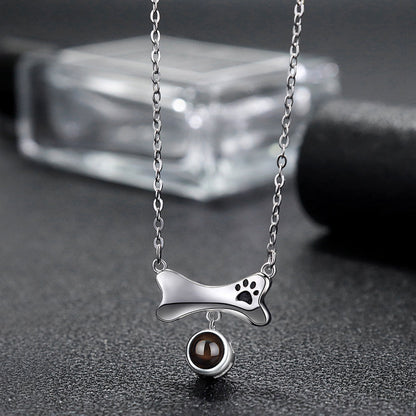 Dog Paw Bone Pet Photo Projection Necklace Sterling Silver Gift for Pet Lovers