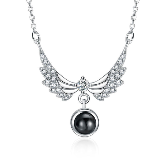 Photo diamond  projection necklace angel wings sterling silver projection jewelry