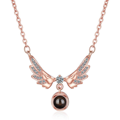 Photo diamond  projection necklace angel wings sterling silver projection jewelry