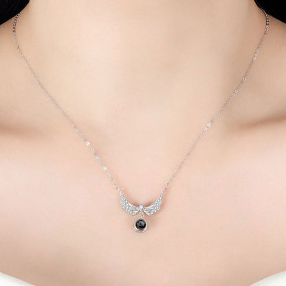 Photo diamond  projection necklace angel wings sterling silver projection jewelry